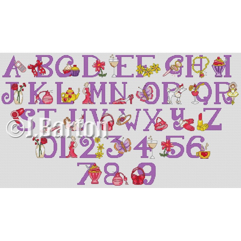 Girly alphabet and numbers cross stitch chart