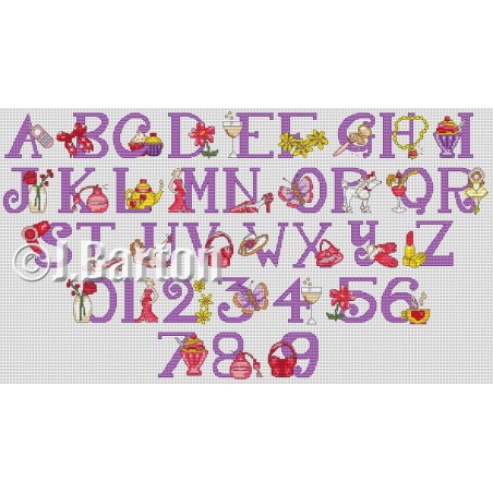 Girly alphabet and numbers cross stitch chart