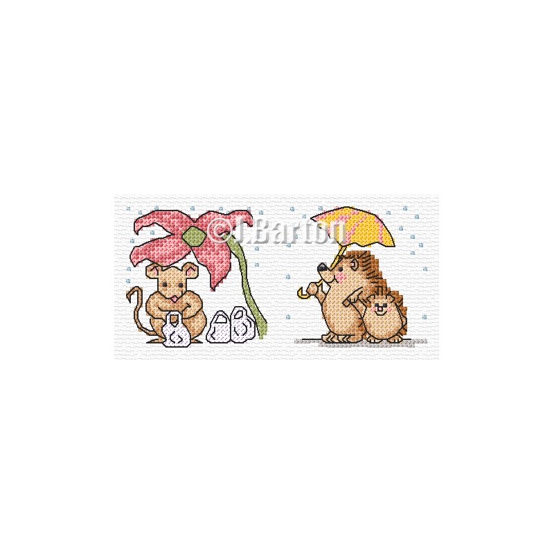 Hedgehogs and mouse in the rain (cross stitch chart download)