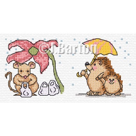Hedgehogs and mouse in the rain (cross stitch chart download)