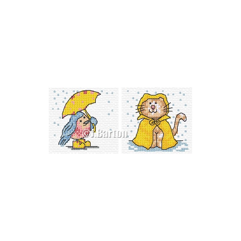Bluebird and cat in the rain cross stitch chart