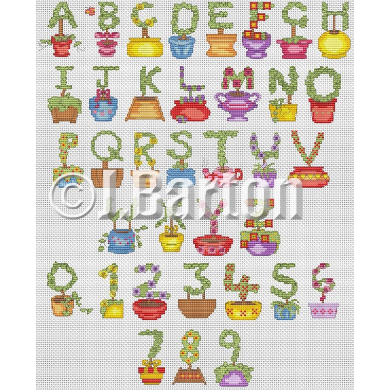 Topiary alphabet cross stitch chart